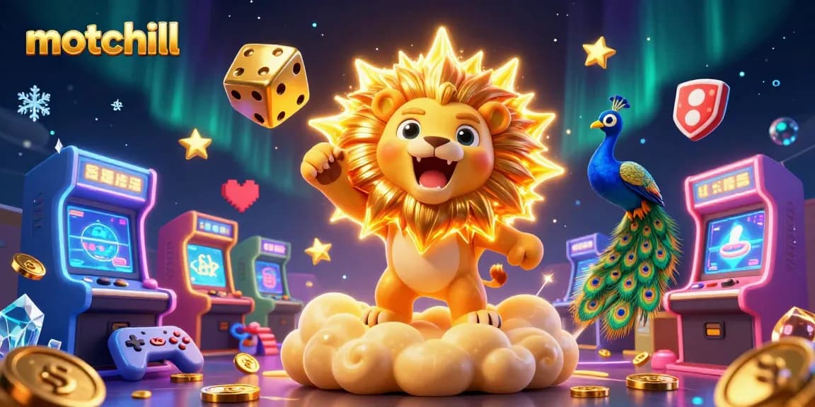 Experience thrilling gaming action with motchill's lion character amidst dice and dynamic casino elements.