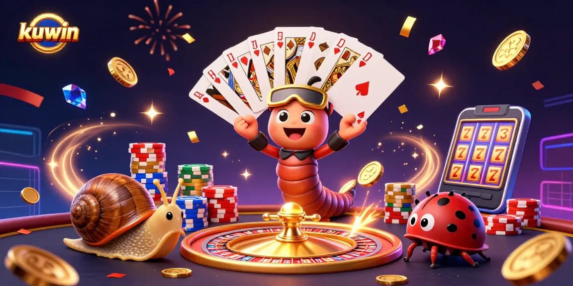 Kuwin players enjoying a high-stakes game with a unique 3D cartoon millipede dealer showcasing vibrant casino elements.