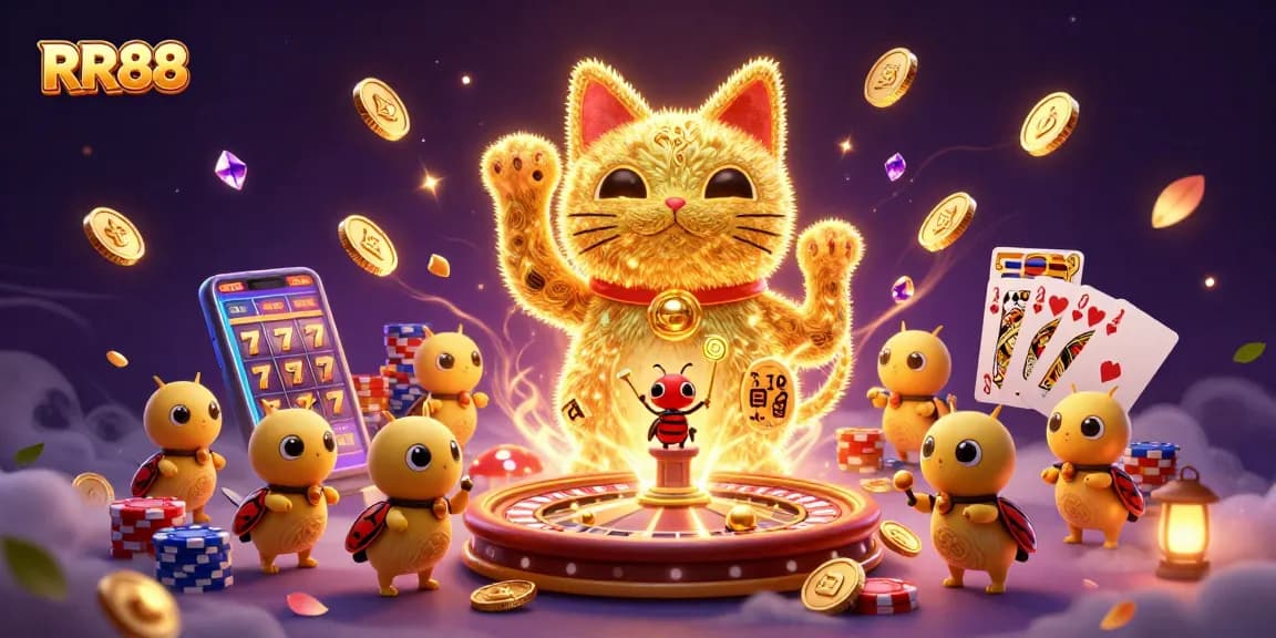 Engage with RR88's magical casino world featuring a giant lucky cat made of fireflies and vibrant elements.