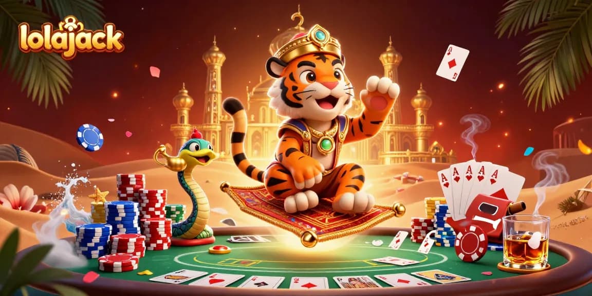 Engage with the vibrant lolajack casino world featuring a tiger sultan on a flying carpet amidst poker elements.