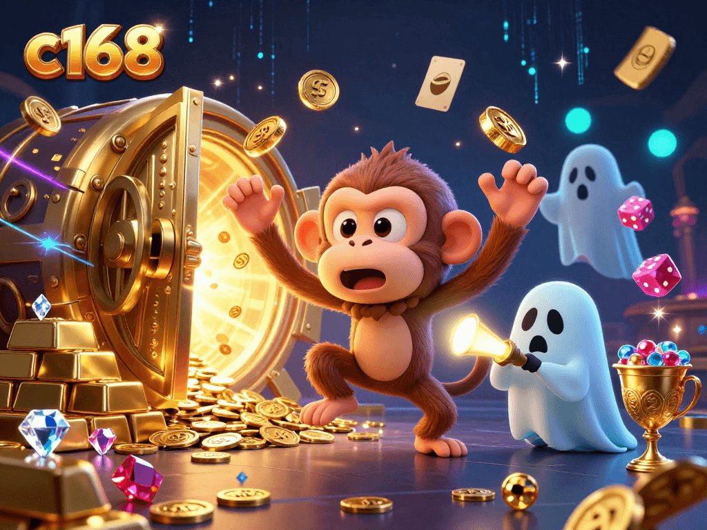 Engage with c168 as the mischievous monkey juggles golden treasures in a vibrant haunted casino.