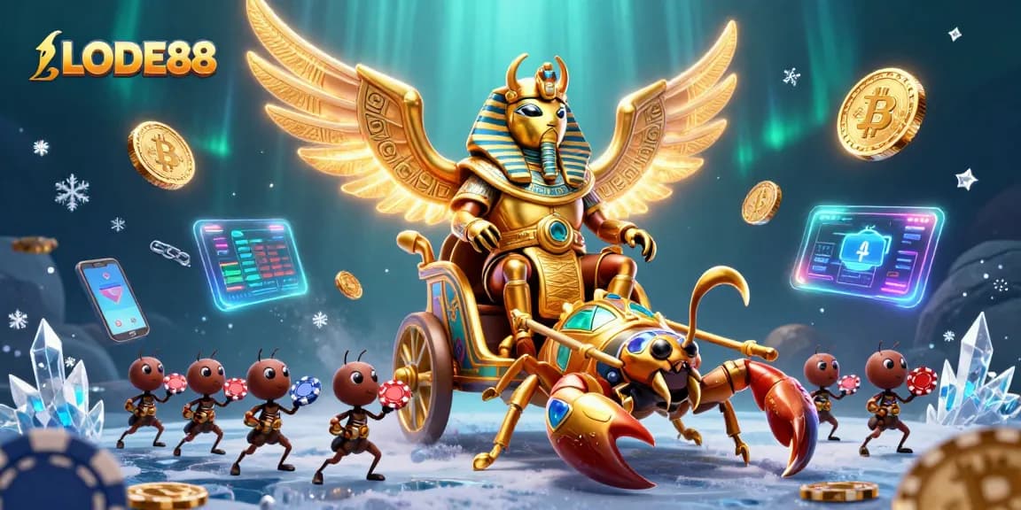 Engage in thrilling action at LODE88 with a dynamic illustration featuring gaming elements and vibrant characters.