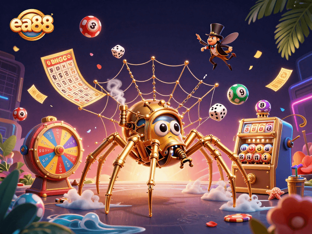 Experience the thrilling world of ea88 casino with a dynamic 3D illustration of gaming elements.