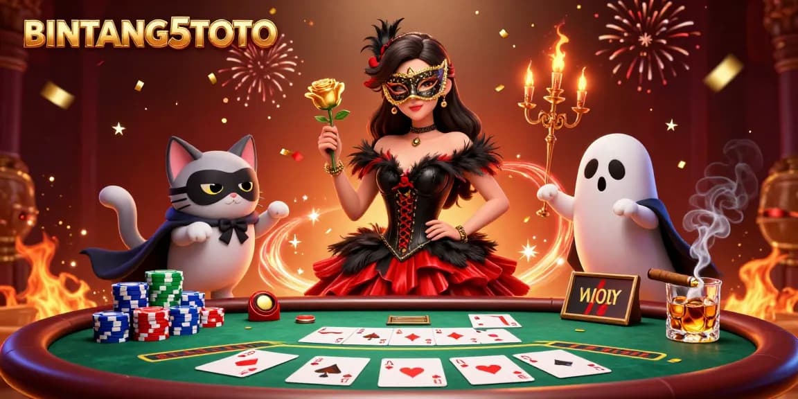BINTANG5TOTO showcases a stunning casino scene with a dazzling woman, a phantom cat, poker elements, and celebration effects.
