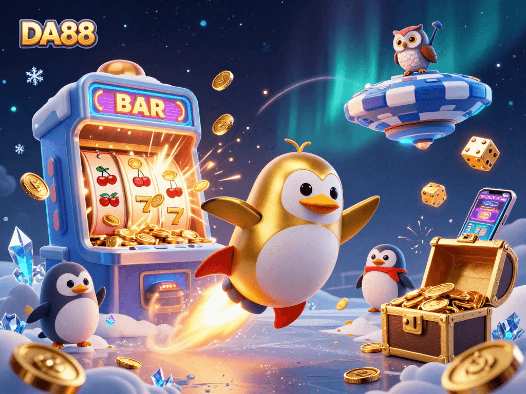 Experience DA88 with a golden penguin in a cosmic casino, exploring exciting gaming treasures.
