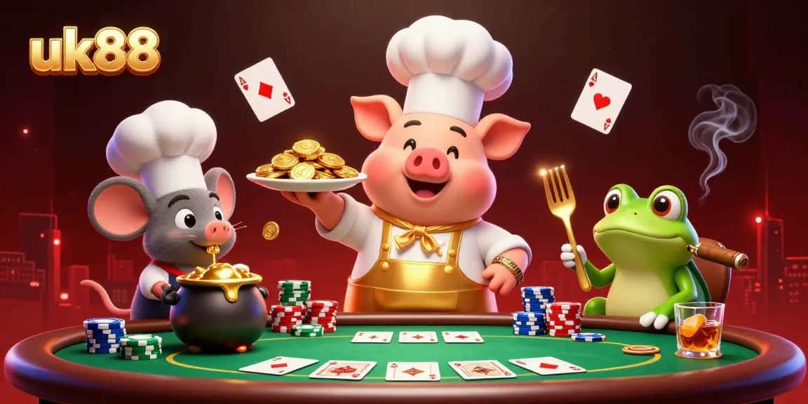Experience thrilling wins with uk88 - a vibrant 3D scene of cartoon characters celebrating casino jackpots.