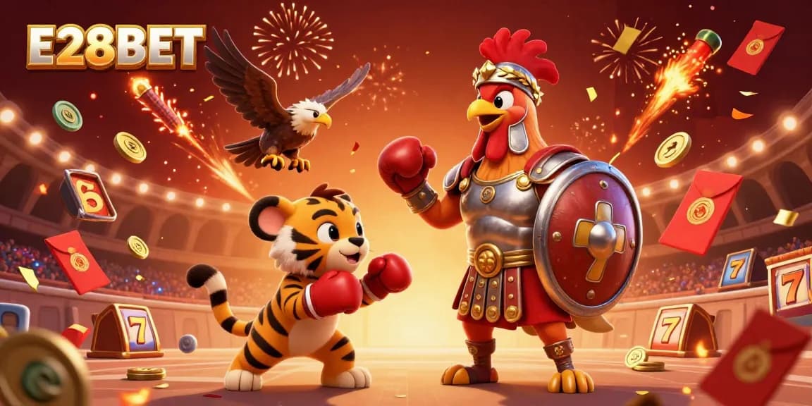 E28BET promotes exciting slot games with a dynamic 3D cartoon illustration featuring energetic characters and vibrant game elements.