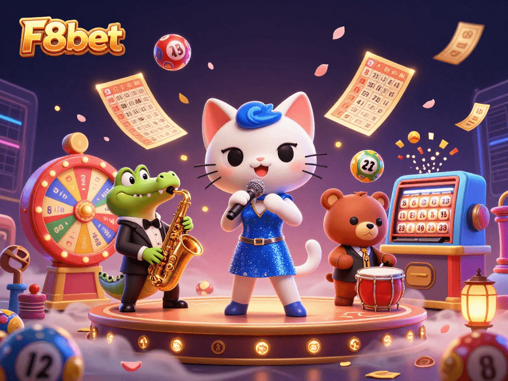 Play exciting games at F8bet with thrilling characters amid colorful casino elements.