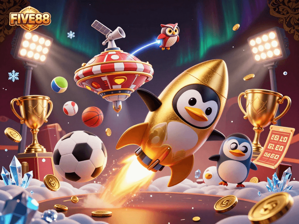 Experience the thrill of FIVE88 as a golden penguin rockets towards a glowing casino station with sports elements.