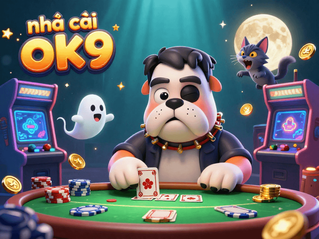 Engage with nhà cái ok9 as a 3D cartoon bulldog dealer welcomes players to a thrilling casino atmosphere.