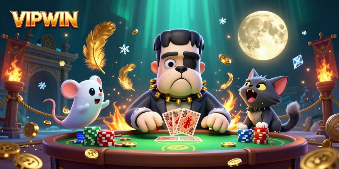 Experience the thrill of VIPWIN with engaging casino games featuring a cartoon bulldog dealer at a spooky table.