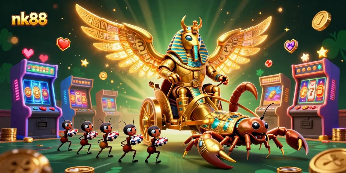 Join the adventure at nk88 with casino-themed elements like glowing slot reels and lucky symbols in an animated scene.