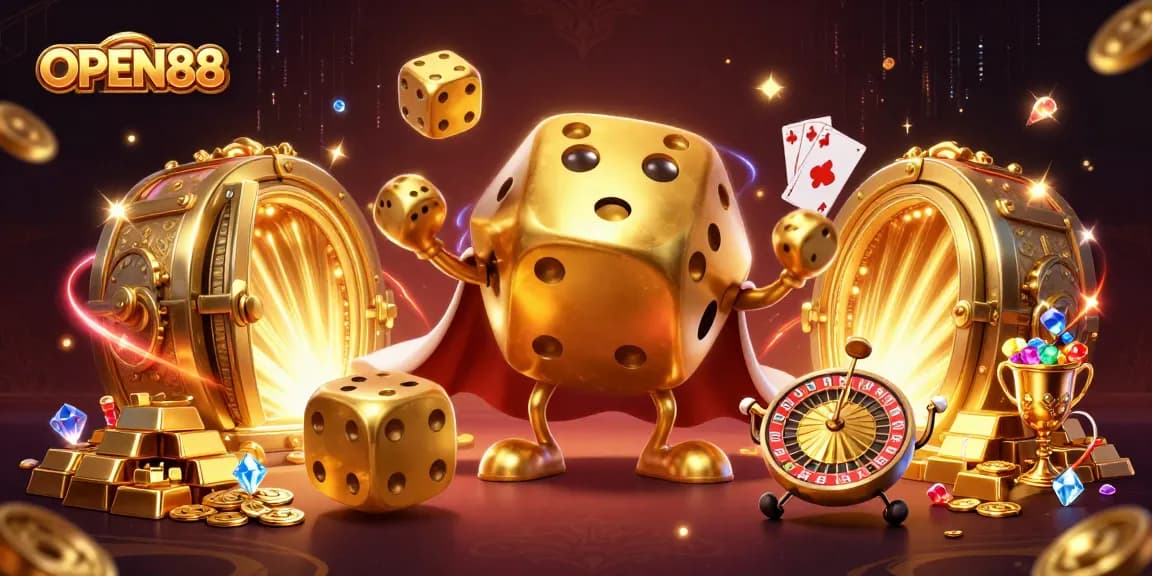Engage in thrilling gaming at OPEN88 with a dynamic scene featuring our golden dice golem.