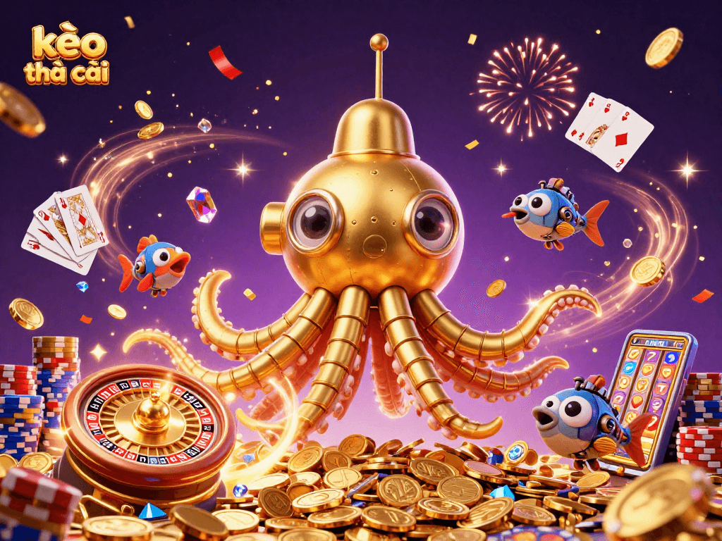 Experience kèo nhà cái with a vibrant golden kraken submarine amidst casino treasures.