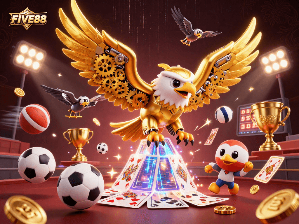Dive into the excitement of FIVE88 with a golden eagle surrounded by dynamic sports elements and holographic cards.