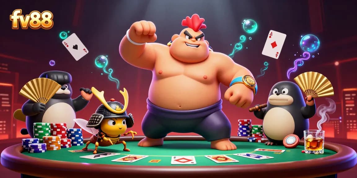 fv88 engages in a grand poker scene with cartoon characters around vibrant poker elements.