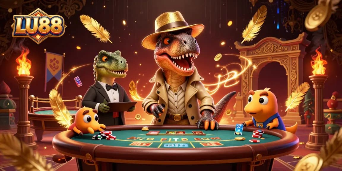 LU88 showcases a playful scene with a velociraptor card counter at a blackjack table surrounded by casino elements.