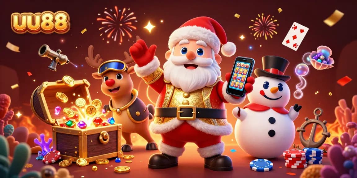 Win big at uu88 with Santa, a reindeer dealer, and a poker chip snowman in an exciting casino scene!