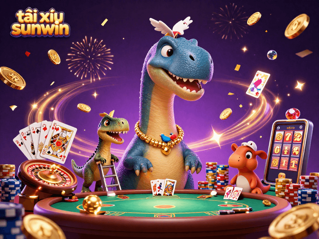 Experience tài xỉu sunwin in a dynamic casino scene with vibrant characters and magical elements.