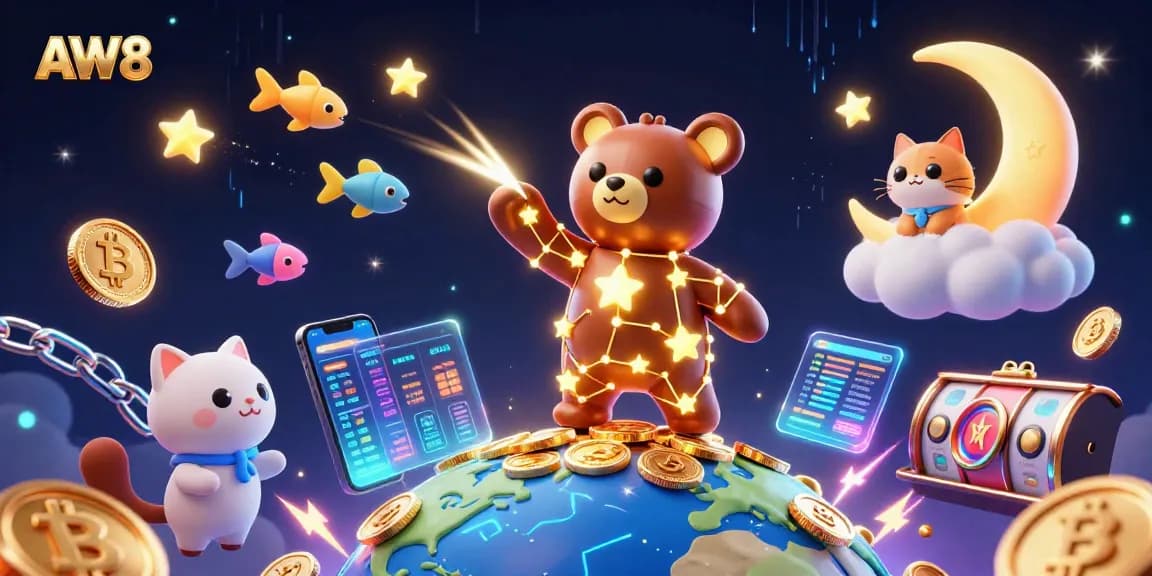 AW8 brings excitement as a constellation bear gathers coins amidst crypto and slots in vibrant 3D illustration.