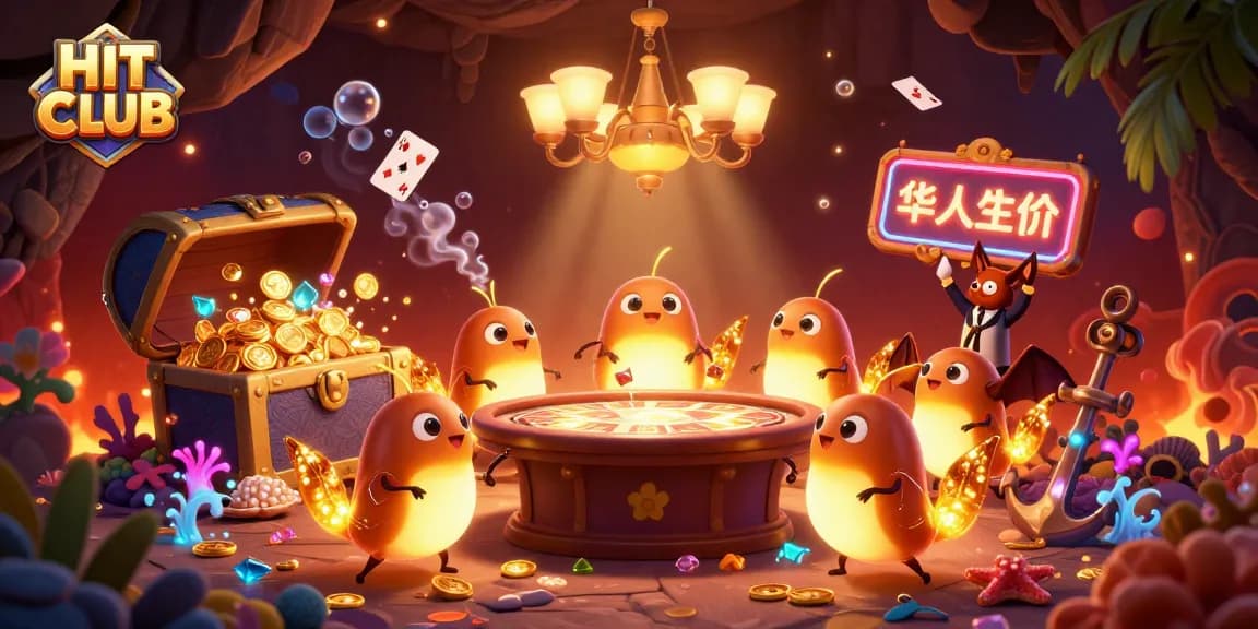 Experience the excitement of HIT CLUB with vibrant glowworms lighting a casino scene filled with treasures and games.