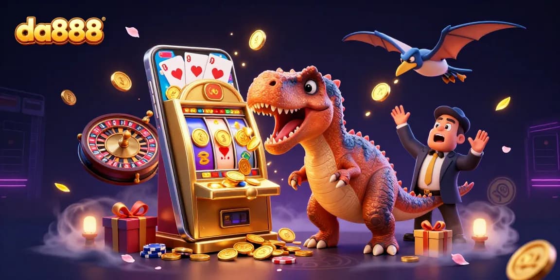 da888 players enjoying a jackpot win with a dinosaur at a golden slot machine