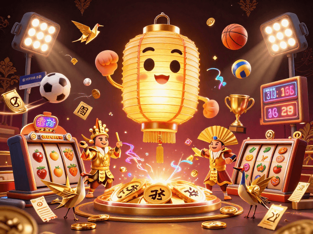 Engage with HITCLUB's vibrant online casino, featuring a golden lantern spirit amidst dynamic gaming elements.