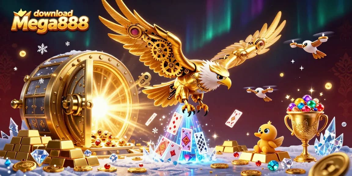 Download mega888 with an exciting 3D illustration of a golden eagle and holographic playing cards.