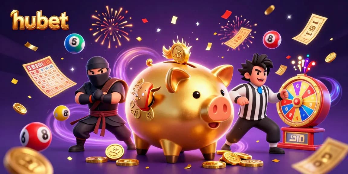 Engage with hubet's vibrant casino universe through a lively illustration of dynamic characters and winning elements.