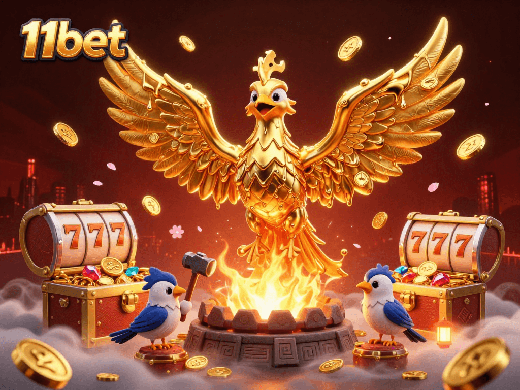 Engage with immersive gaming adventures at 11bet, illustrated by a molten phoenix and treasure.