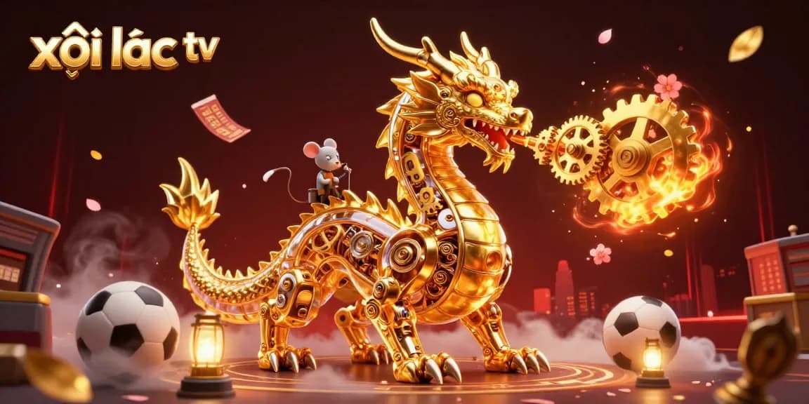 Xôi lạc tv ignites excitement with a golden dragon and sports-themed elements in this vibrant illustration.