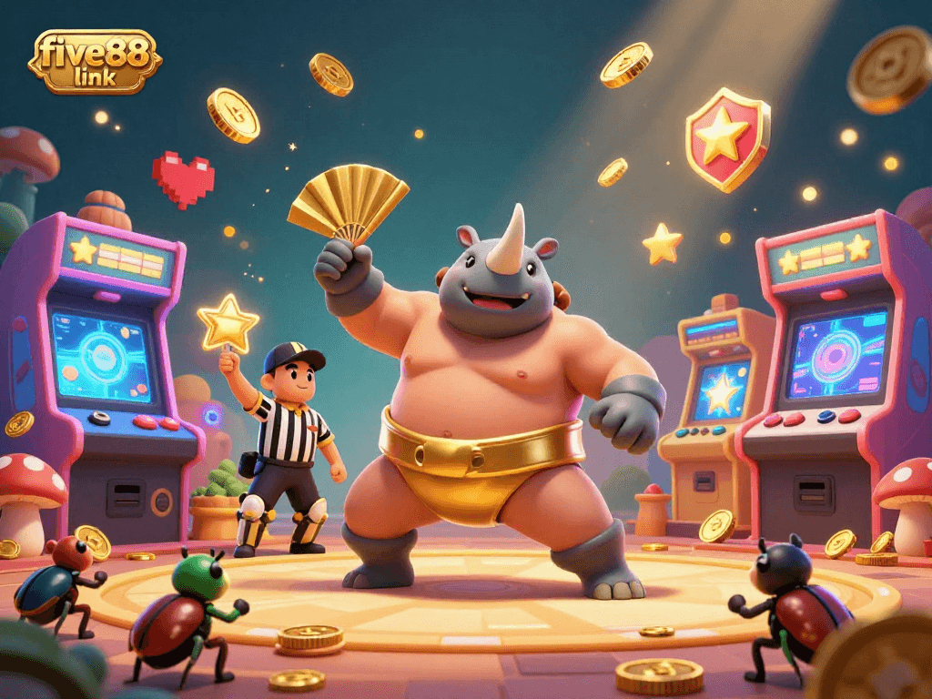 Engage with the exciting five88 link scene featuring a beetle sumo champion amidst flying coins and vibrant arcade elements.