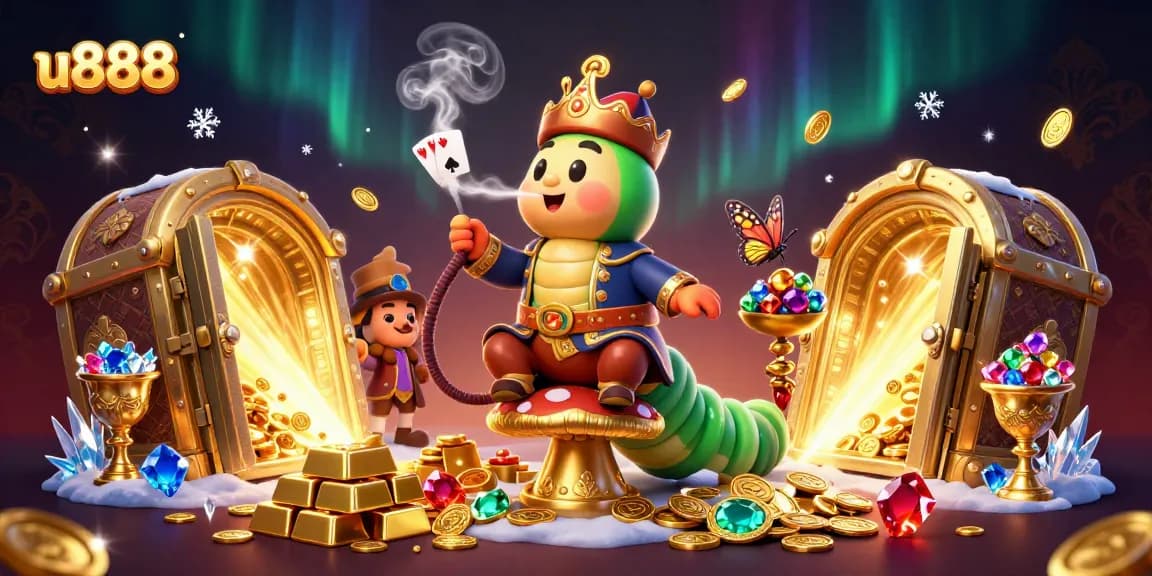 Engage in thrilling gaming at u888 with a vibrant casino scene featuring golden treasures and exciting characters.