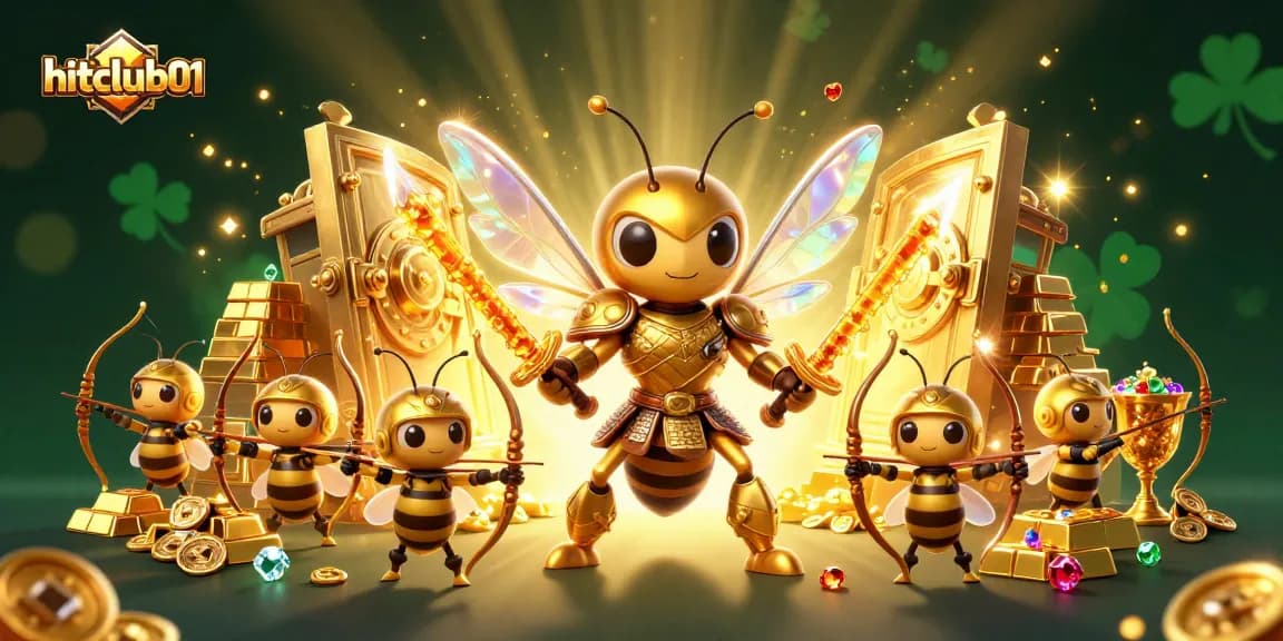 Hitclub01 features an exciting scene with a golden hornet and treasure elements, enhancing your gaming adventure.