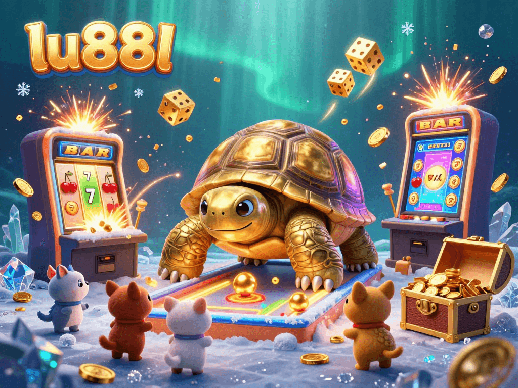 Experience the excitement at lu88l with a vibrant 3D casino scene featuring a playful tortoise pinball machine surrounded by lush gaming elements.