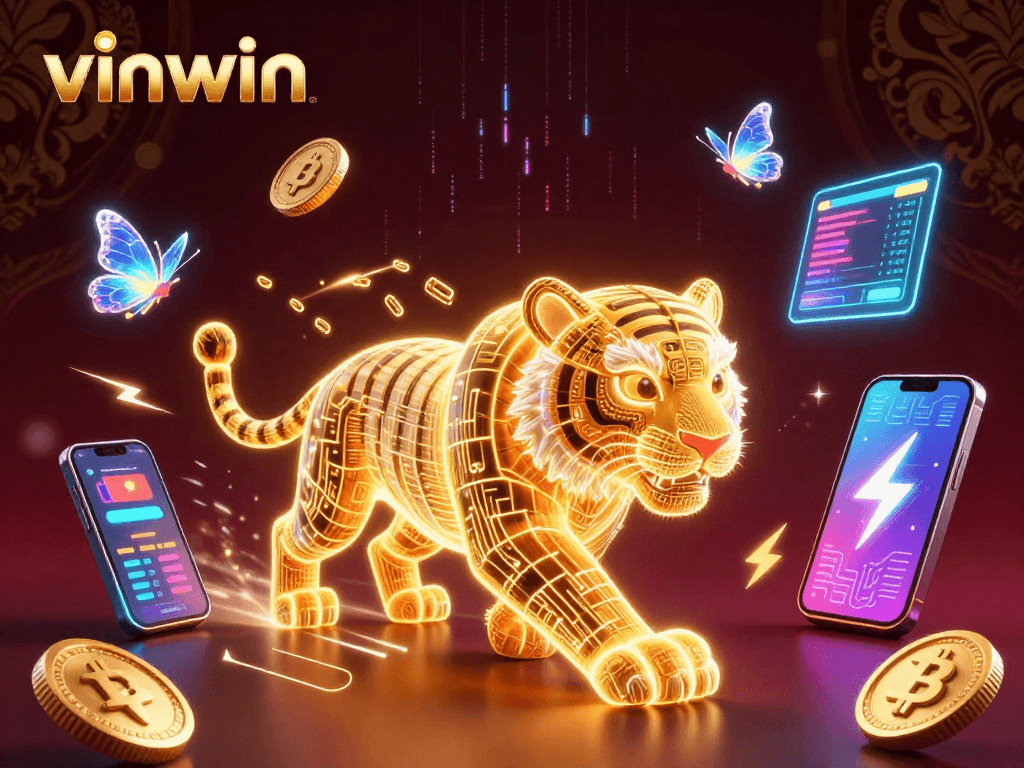 Experience the thrill of vinwin with a vibrant digital casino landscape featuring a glowing tiger and crypto elements.