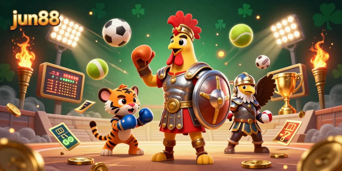 Engage with jun88's thrilling casino experience featuring a gladiator rooster amidst dynamic sports elements, showcasing excitement.
