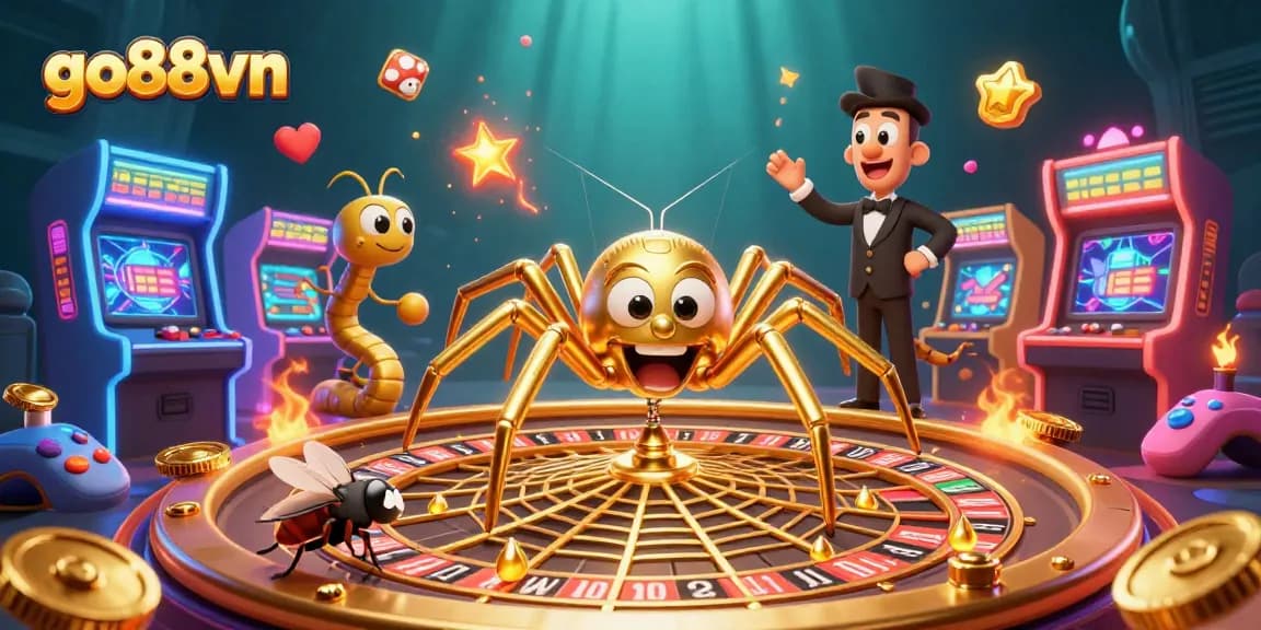 Experience the excitement of go88vn with a thrilling casino adventure featuring a roulette wheel web spun by a golden spider.