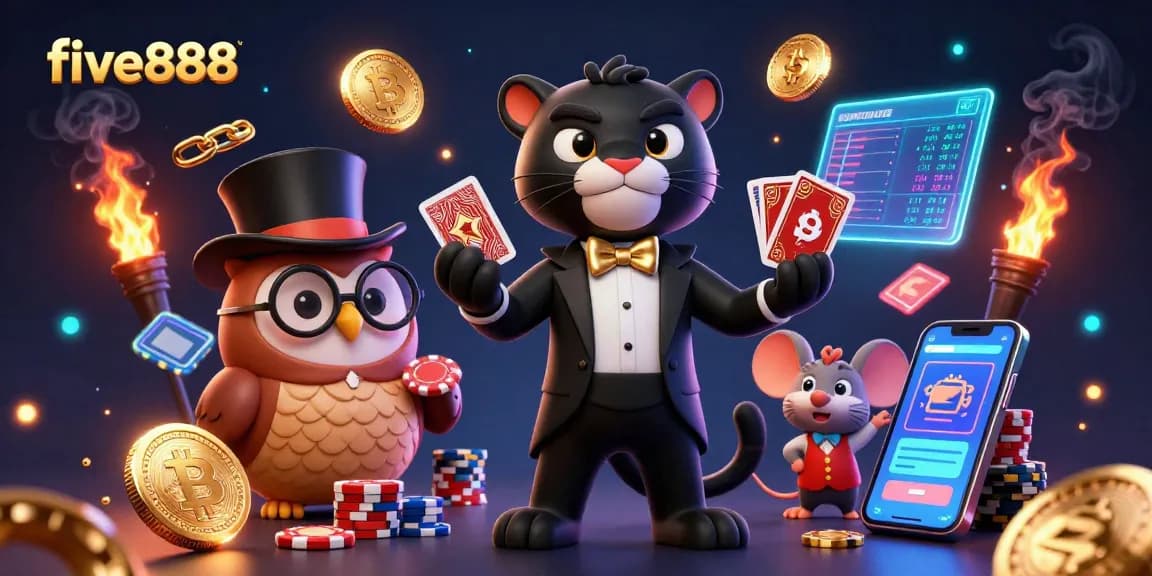 Engaging scene featuring five888's stylish characters playing cards in an exciting digital casino environment.