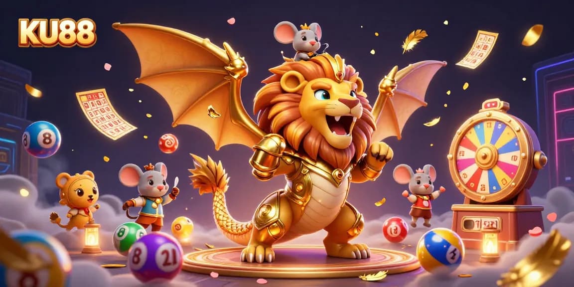 KU88 engaging 3D illustration showcasing a victorious chimera and fantasy lottery elements.