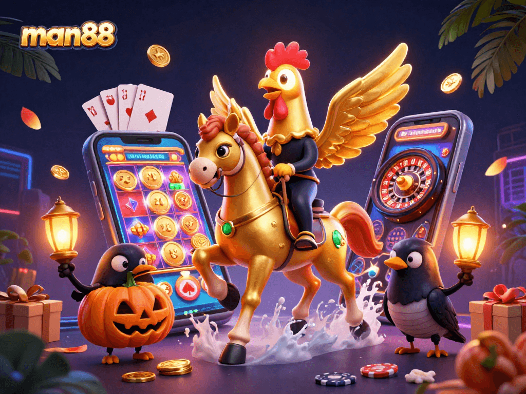 Experience the excitement of man88 with a golden rooster leading a vibrant casino scene full of games and rewards.