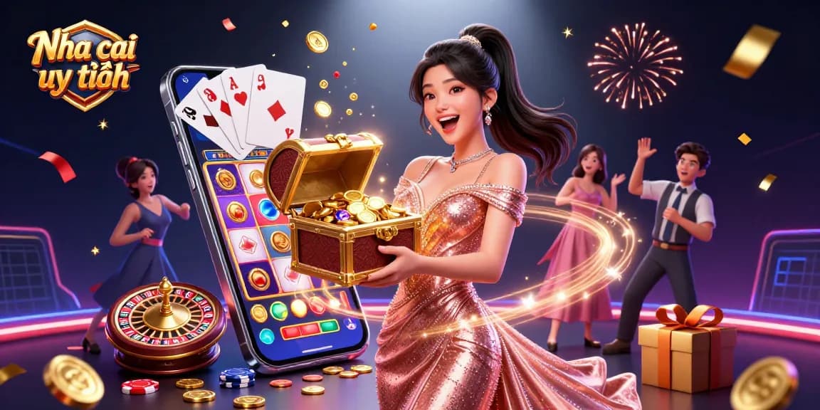 Nha cai uy tín showcases a joyful Asian woman revealing treasure amidst dazzling casino elements.
