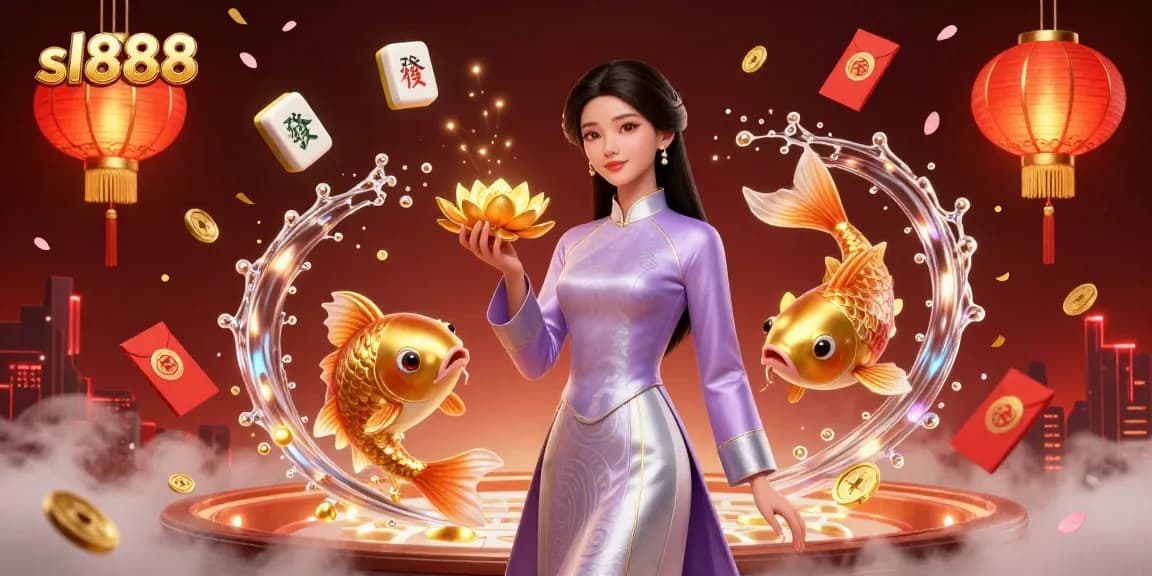 Spin the reels and experience sl888's vibrant casino atmosphere with enchanting koi fish and golden lotus flower.
