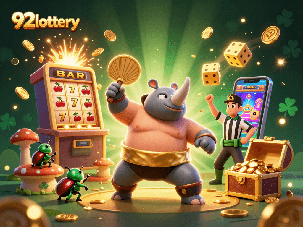 Experience 92lottery excitement with a winning slot machine scene bursting with coins.