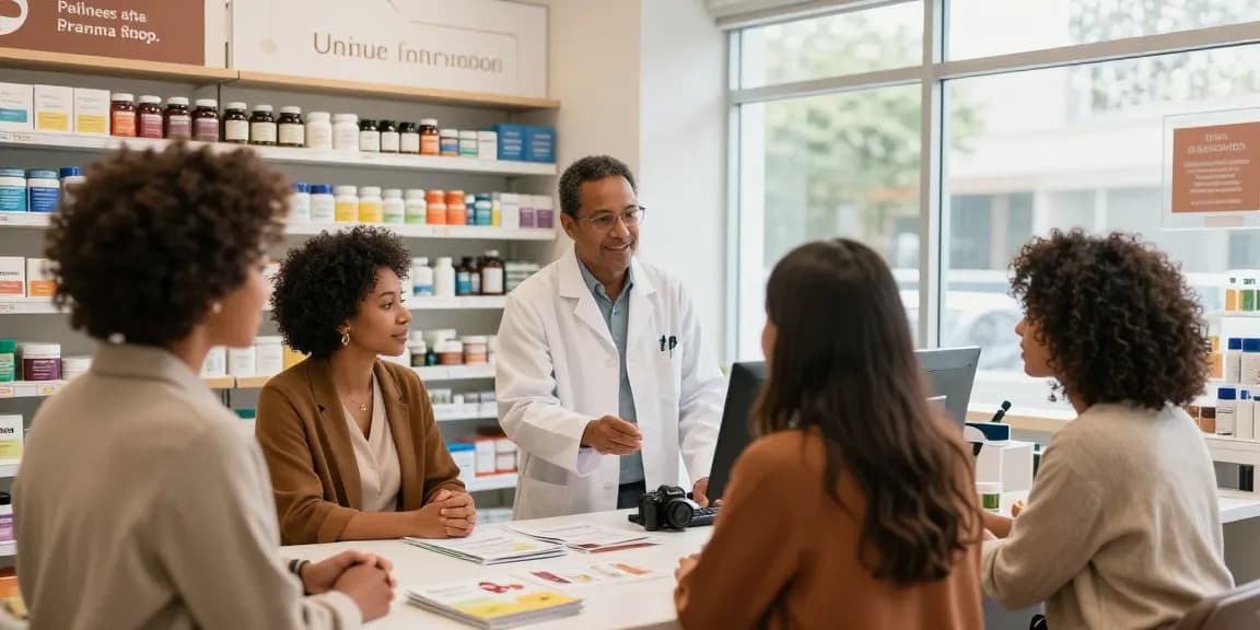 Unieke Pharma Shop met apotheker die klanten adviseert in een warme apotheek.