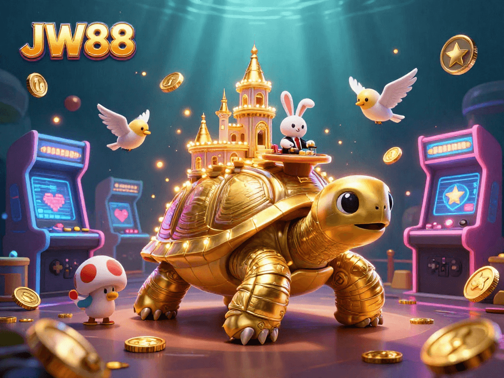 JW88 invites players to enjoy a vibrant casino scene featuring a golden tortoise and exciting gaming action.