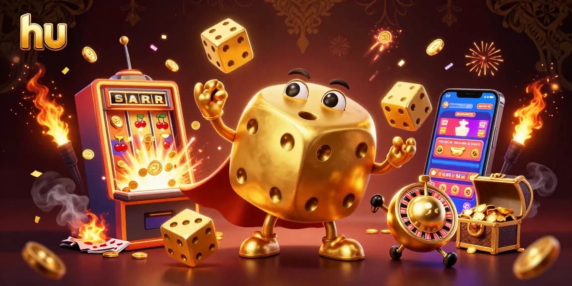 Engage with lively casino fun at hu featuring a golden dice golem and interactive elements.