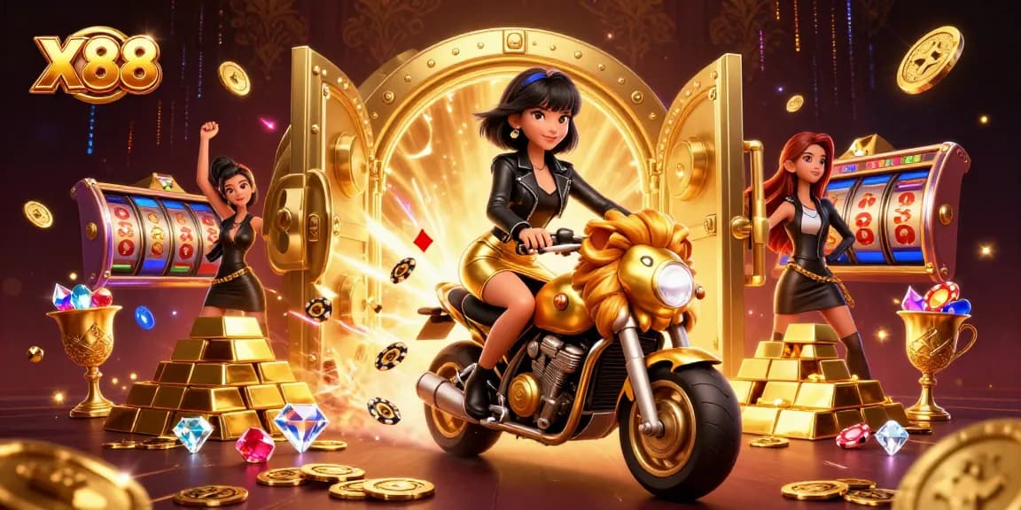 X88 - Gamble with excitement in a dynamic casino scene full of treasure and vibrant energy