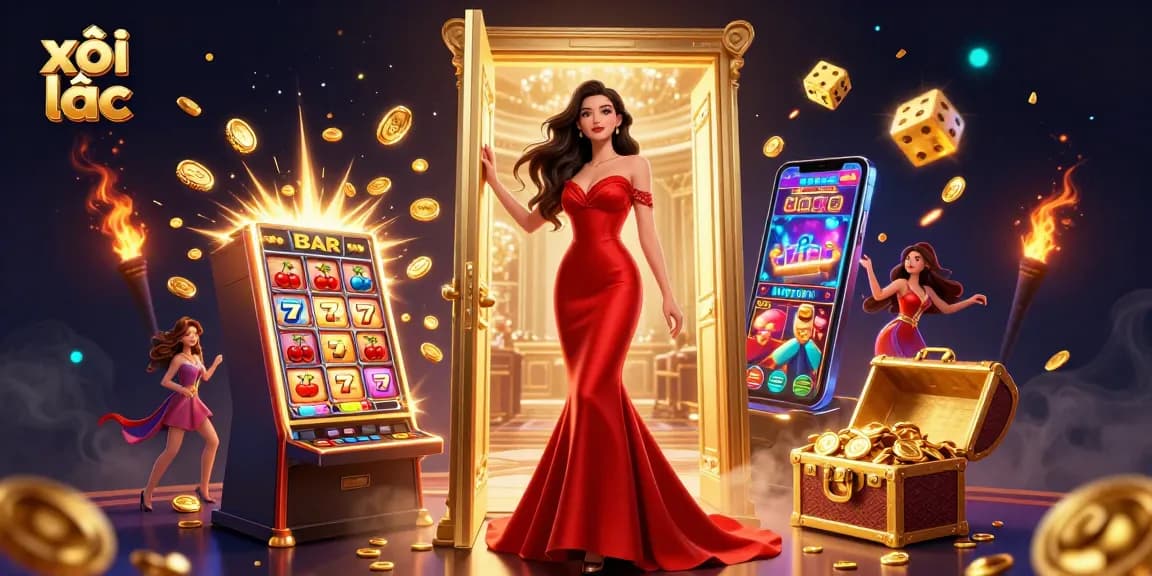 xôi lạc enhances gameplay excitement with a vivid casino scene, showcasing dynamic elements and sparkling jackpot wins.