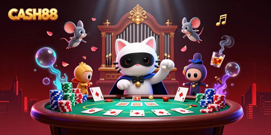 Experience excitement at CASH88 with this vibrant casino-themed illustration featuring a phantom cat and gameplay elements.